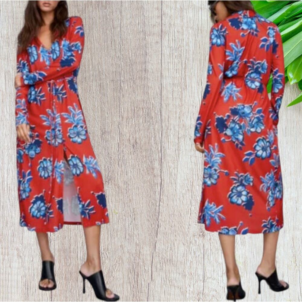 NWT - Zara Floral Print Midi Dress Red/Blue Women's Size: Small